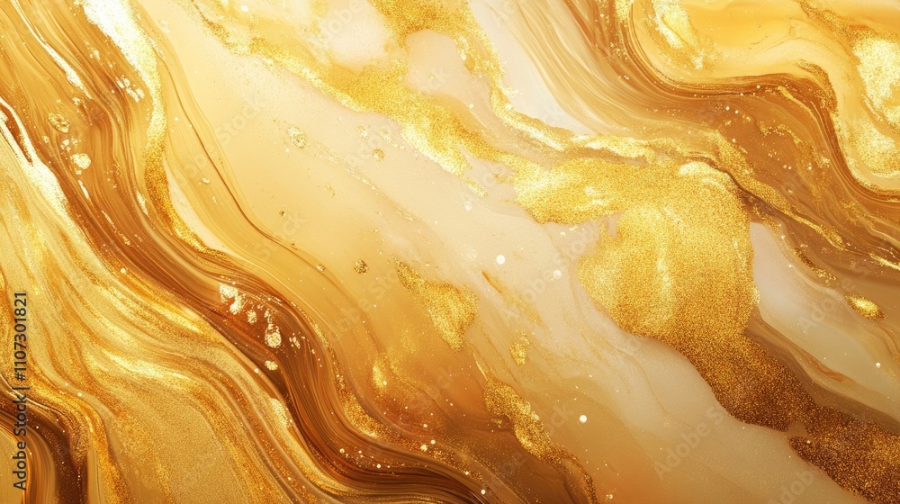 Poster abstract golden marble texture with swirling patterns and glittering highlights.