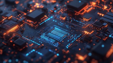 Fototapeta premium Abstract AI circuit board background. Technology connected blue lines with electronics elements on tech bg. Computer motherboard with a chip, processor, and semiconductor. Digital vector illustration