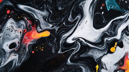 Abstract swirling patterns with vibrant splashes of color on a black background.