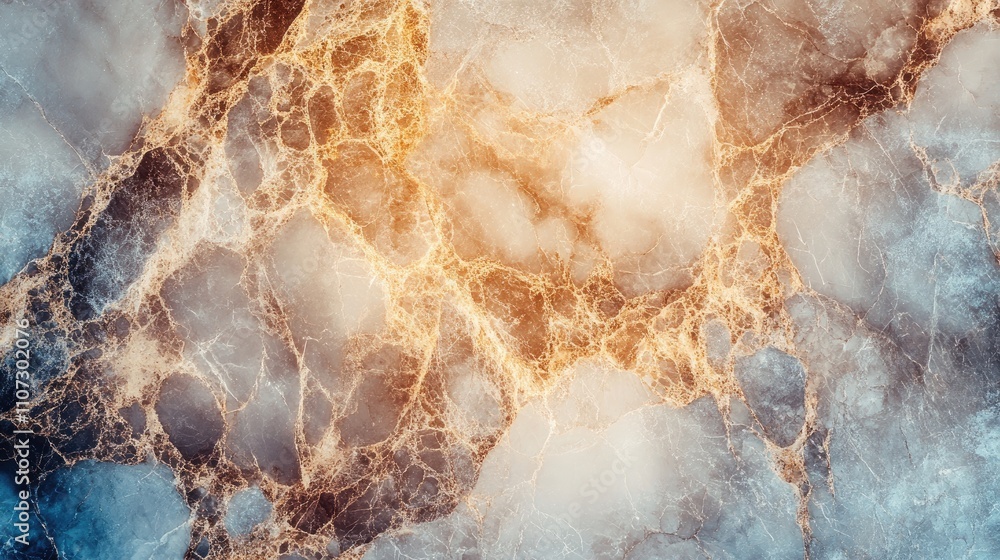 Poster abstract golden and blue marble texture with intricate patterns and vibrant colors.