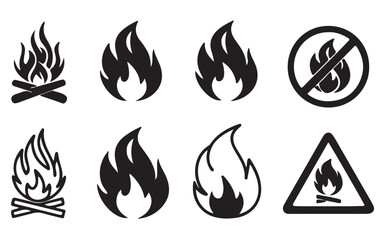Set of Black Fire Flat Icons and Pictograms Isolated on a White Background
