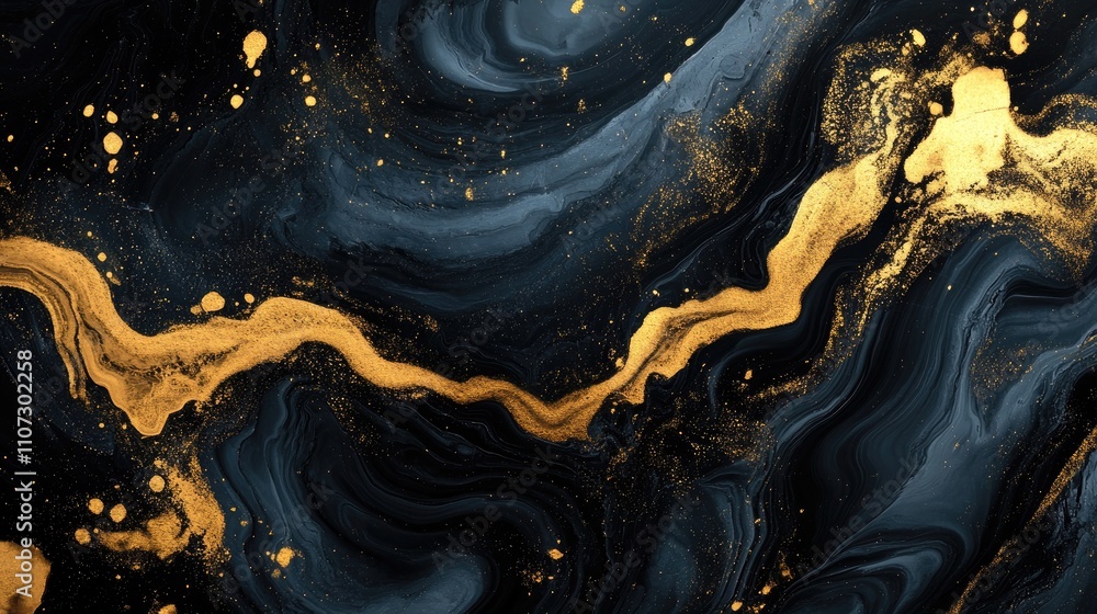 Poster abstract black and gold marbled texture with flowing patterns and shimmering details.