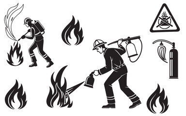 Set of Black Fire Flat Icons and Pictograms on White Background