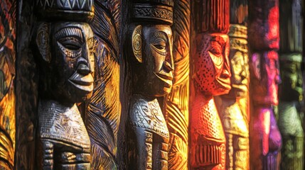 Obraz premium Colorful carved figures in a row, showcasing intricate details and vibrant lighting, reflecting traditional artistry and cultural heritage.