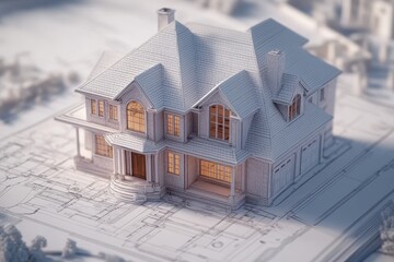 Architectural model home sits atop blueprints. Illustrates home design, construction, and real estate.
