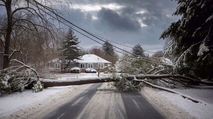 Snow-covered suburban street with a fallen tree, power lines down, and a house surrounded by snow in a heavy winter storm