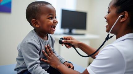 Cheerful Toddler Enjoys Pediatric Check-Up With Doctor Using Stethoscope