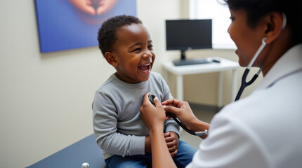 Cheerful Black Toddler Enjoys Check-Up With Doctor Using Stethoscope