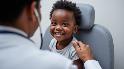 Cheerful Black Toddler Enjoys Pediatric Check-Up With Doctor and Stethoscope