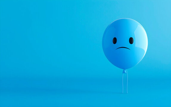 Cute and sad blue balloon against blue background with copy space. Blue Monday saddest day of the year concept. 