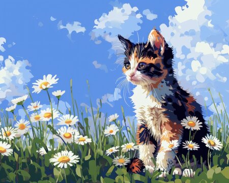 Calico Kitten Amidst Daisies: A charming calico kitten with piercing green eyes sits amidst a field of blossoming daisies under a cerulean sky.