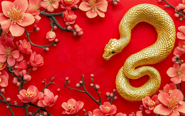 Obraz premium Happy Chinese New Year 2025. Golden Chinese snake with flowers and lanterns over vibrant red background for card design. China zodiac lunar calendar animal. Year of the snake.