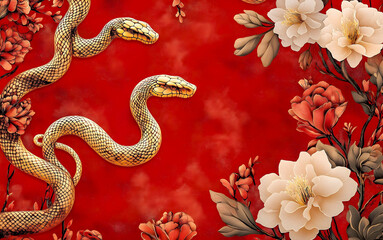 Obraz premium Happy Chinese New Year 2025. Golden Chinese snake with flowers and lanterns over vibrant red background for card design. China zodiac lunar calendar animal. Year of the snake.