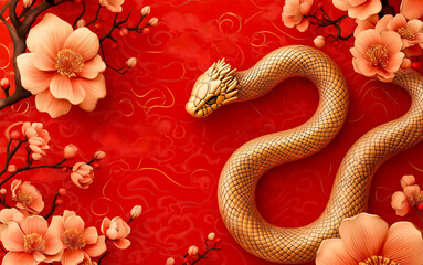 Happy Chinese New Year 2025. Golden Chinese snake with flowers and lanterns over vibrant red background for card design. China zodiac lunar calendar animal. Year of the snake.