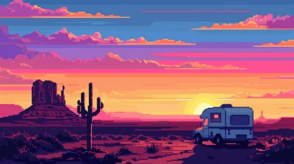 Pixel Sunset Desert Escape: A retro pixel art landscape depicting a camper van parked amidst a vibrant desert sunset, with a majestic rock formation and saguaro cactus in the foreground.