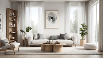 Large luxury modern bright interiors Living room mockup illustration 3D rendering image