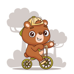 An adorable cartoon bear is having so much fun riding a small bike while joyfully weaving through the trees
