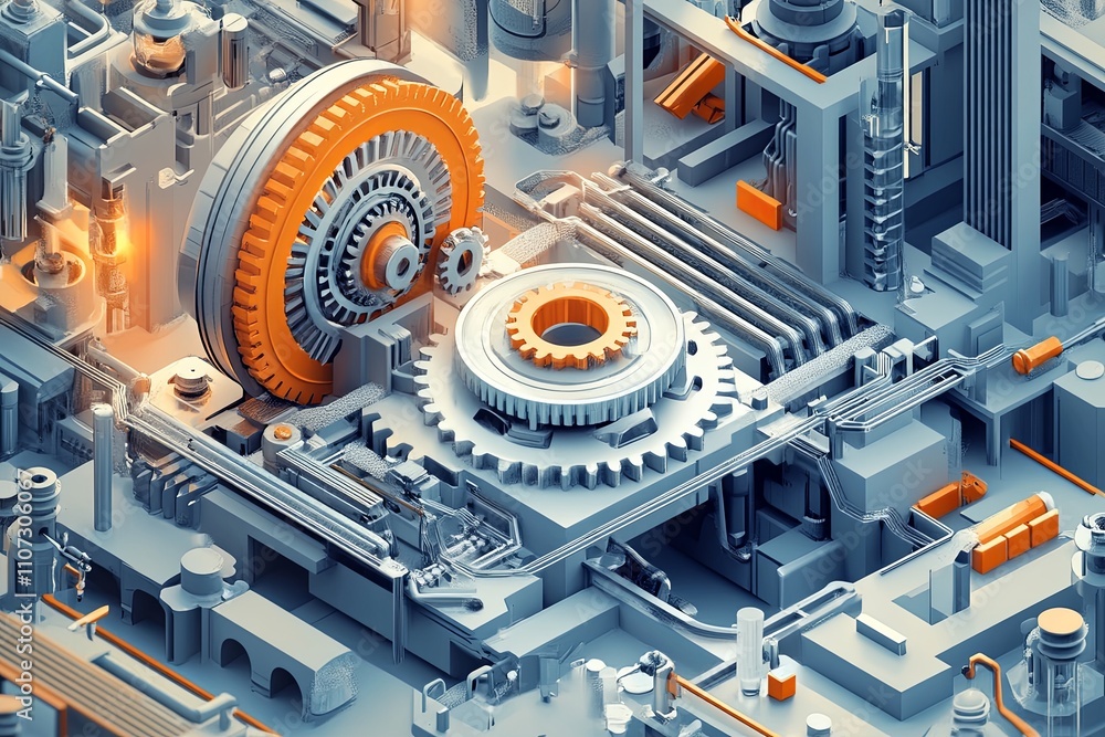 Poster intricate machinery setup showcasing gears and pipes in a modern industrial environment with glowing