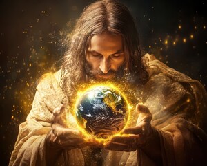 The world in divine hands, Jesus holding a glowing Earth, surrounded by abstract beams of light, symbolizing peace and hope