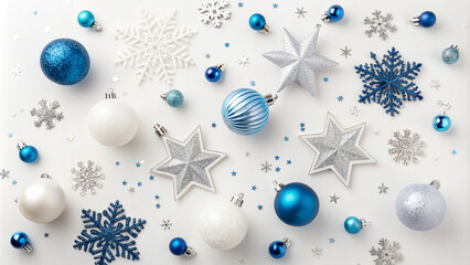 Christmas decorations concept. Top view vertical photo of blue white silver baubles snowflake star ornaments and confetti on isolated white background