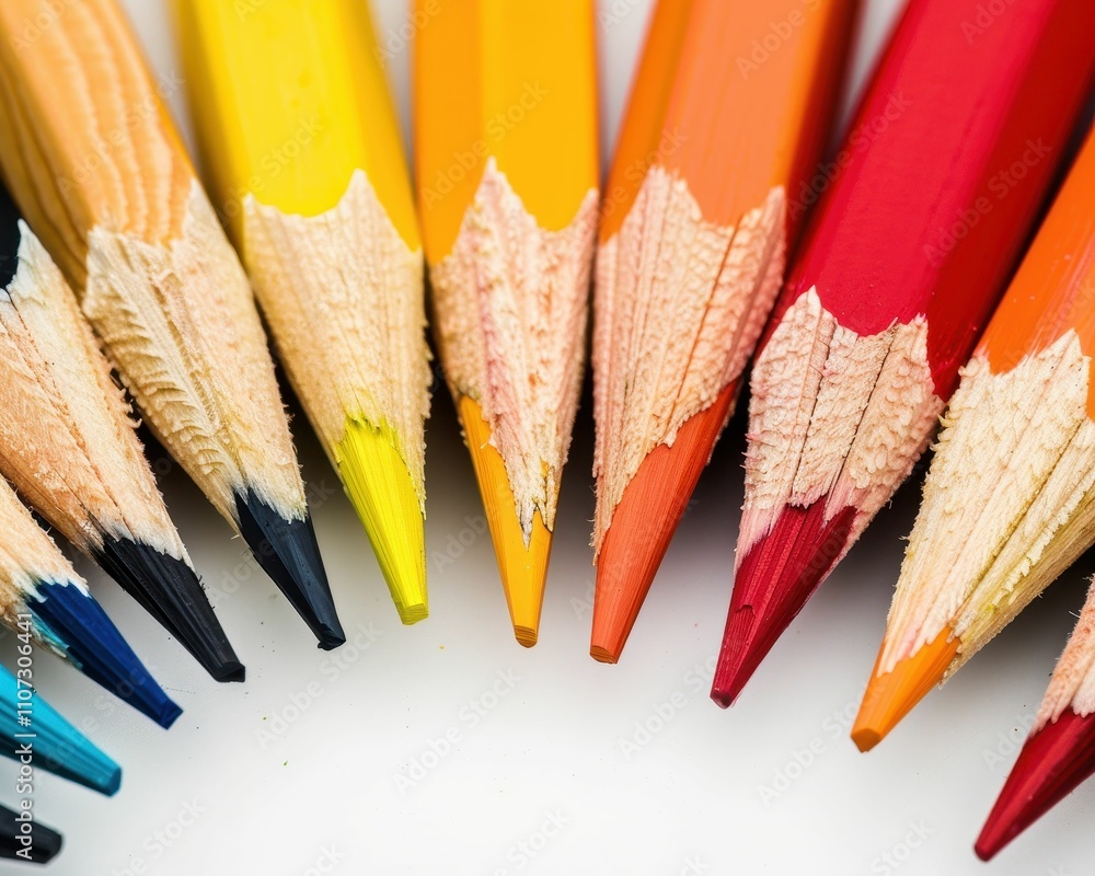 Poster a vibrant array of colored pencils arranged in a circular pattern, showcasing their sharpened tips a