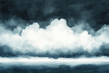 Fototapeta premium dramatic monochrome watercolor painting depicts stormy sky with dark clouds over calm sea, creating sense of tranquility and tension