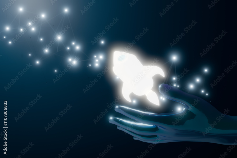 Poster a glowing rocket is released from a hand, surrounded by sparkling lights. 3d rendering