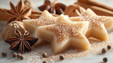 Star-shaped marzipan cookies with cinnamon, star anise, and sugar.