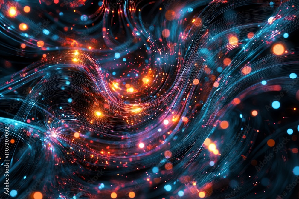 Poster colorful swirling lights create a dynamic abstract pattern in a dark background at night. generative