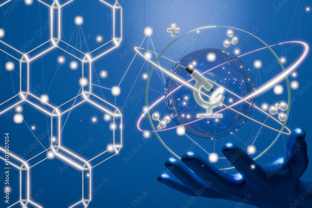 Aufkleber a hand holds a globe with scientific elements, symbolizing innovation and discovery in science. 3d r
