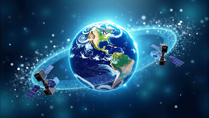 A digital Earth surrounded by satellites and data streams, symbolizing global communication and connectivity