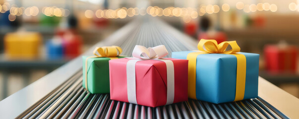 Closeup of colorful christmas gifts on a conveyor, symbolizing festive logistics and delivery