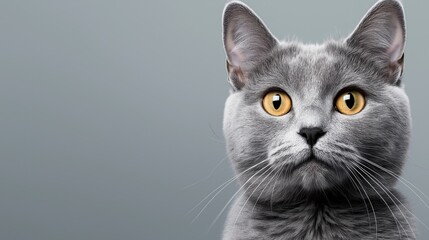 Obraz premium Close-up of a British Shorthair cat with soft gray fur and bright amber eyes against a solid gray background
