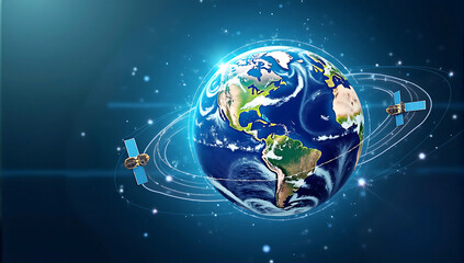 Fototapeta premium A digital Earth surrounded by satellites and data streams, symbolizing global communication and connectivity