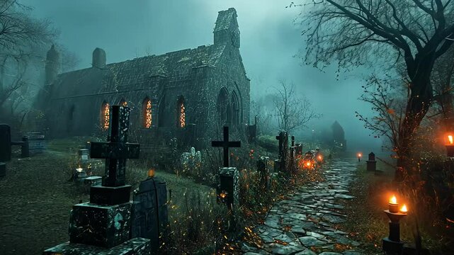scene Ruined church stands amidst a foggy graveyard with stone crosses and lantern, generative ai