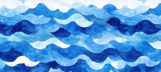 vibrant watercolor pattern of fluid, wave like gradients in various shades of blue, evoking sense of calm and movement. design captures essence of ocean dynamic beauty