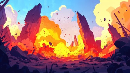 Obraz premium A fiery explosion amidst towering, jagged rock formations