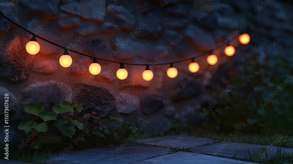 Aufkleber string lights illuminate a stone wall with a path in the foreground, creating a warm, inviting atmos