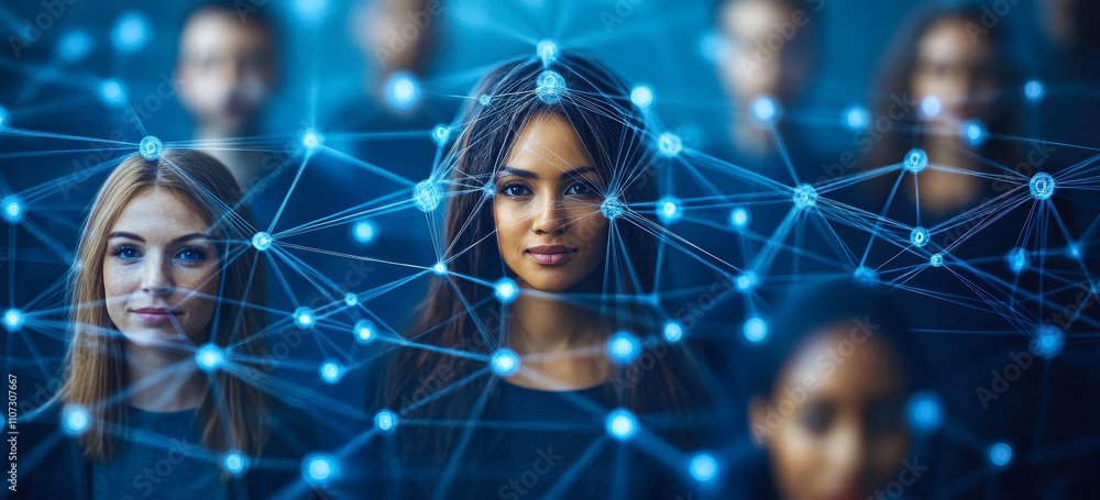 Poster digital connections: diverse people connected by network nodes and data streams