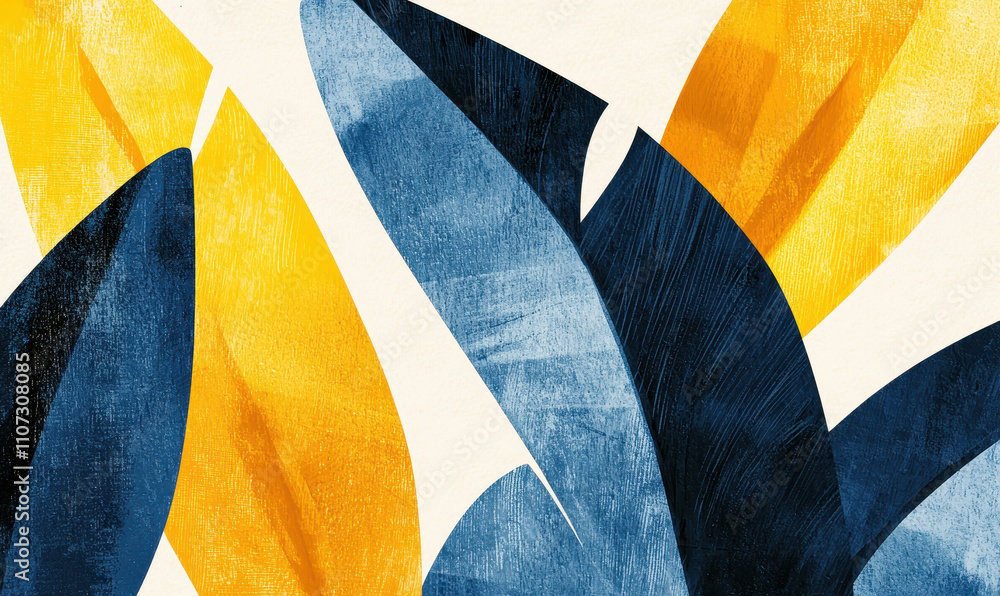 Poster vibrant artistic abstract design with modern geometric leaf patterns in dynamic blue and yellow pale