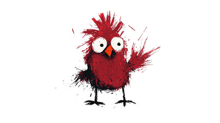 Fototapeta premium Colorful cartoon red bird with exaggerated eyes against a transparent background, showcasing playful and vibrant design.