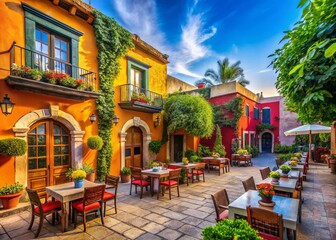 Fototapeta premium Isolated Mexican Cuisine Restaurant Building Surrounded by Lush Greenery and Vibrant Colors, Showcasing Authentic Architectural Features and Inviting Atmosphere for Culinary Experience