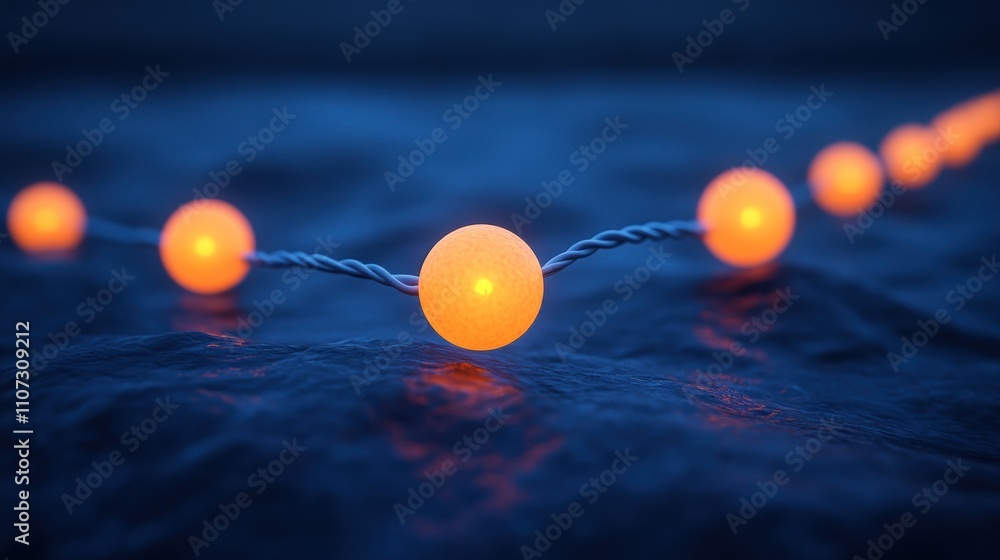 Poster string of orange lights on a dark textured surface.
