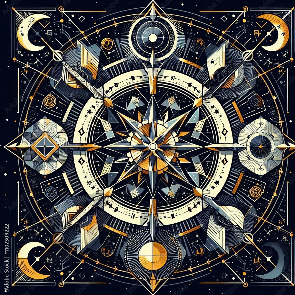 Poster celestial symbols rendered with geometric patterns and sharp ang