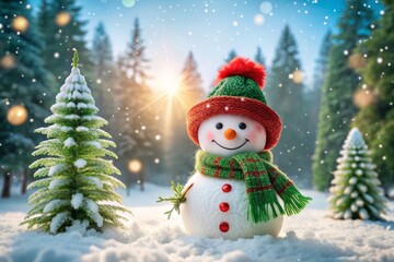Fototapeta premium Joyful Snowman in a Serene Winter Landscape Surrounded by Snow-Covered Evergreens and Gently Falling Snowflakes in a Tranquil Forest Setting