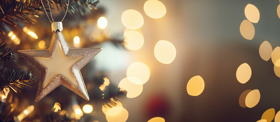 Christmas and New Year background with golden star ornament and warm bokeh lights, festive mood, copy space
