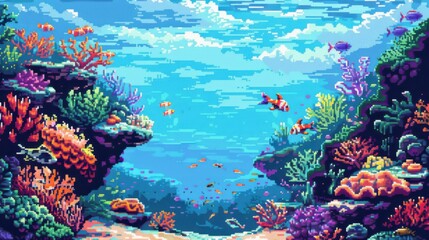 Naklejka premium Pixelated Underwater Paradise: A vibrant coral reef teeming with life, rendered in a captivating pixel art style.
