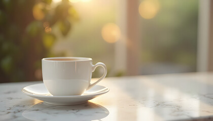Fototapeta premium White coffee cup on a saucer with morning sunlight and soft reflections on a marble table