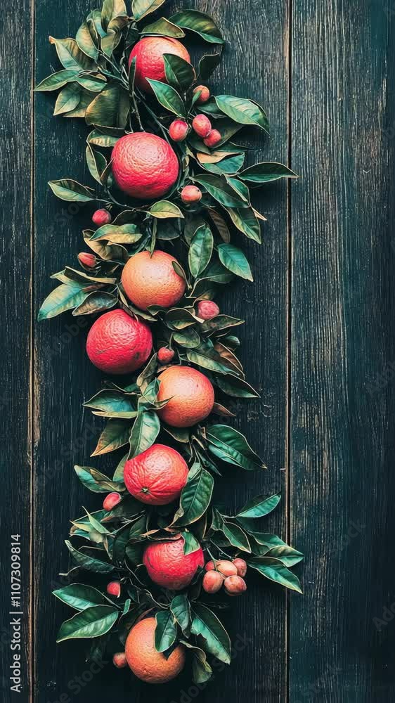 Poster freshly arranged citrus fruits and greenery on a rustic wooden surface create a vibrant and inviting