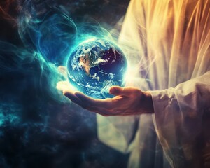 The world in divine hands, Jesus holding a glowing Earth, surrounded by abstract beams of light, symbolizing peace and hope